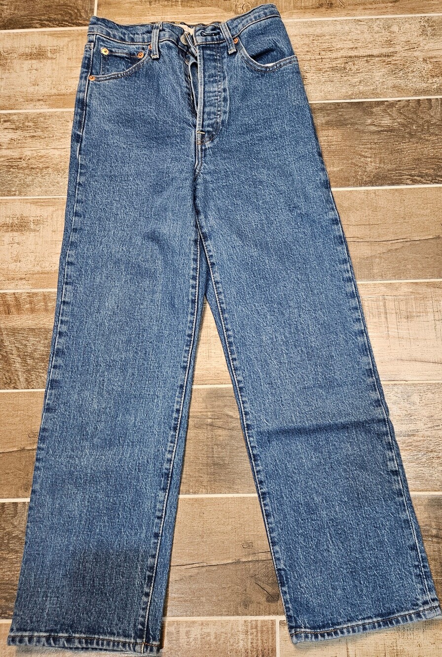 Levis Premium Ribcage Straight Jeans Womens 25 Medium Wash Hi Rise Button Fly